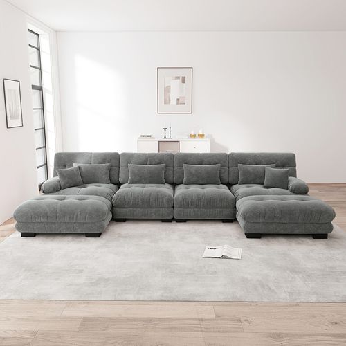 Canapé D'angle Modulaire, En Forme De U, Avec Repose-pieds Amovible, Tissu Chenille, Gris