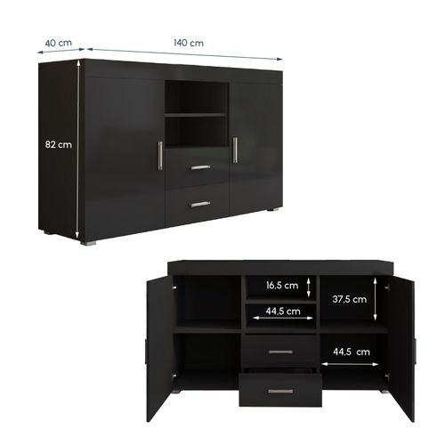 Bahut Buffet Pour Salon Salle à Manger En Noir 140x40x80cm Roque