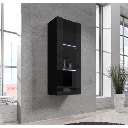 Vitrine Suspendue Pour Salon Salle à Manger En Noir Avec LED 40x29x126cm Nora V2