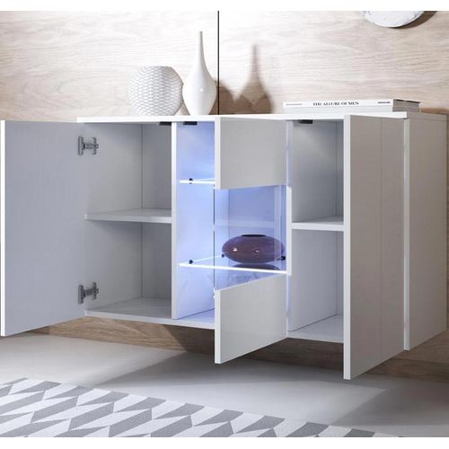 Bahut Buffet Pour Salon Salle à Manger En Blanc Avec LED 120x40x70cm Luke A2