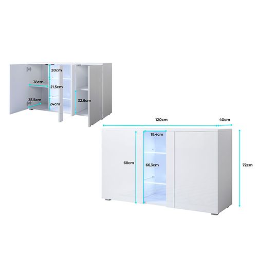 Bahut Buffet Pour Salon Salle à Manger En Blanc Avec LED 120x40x72cm Luke A1