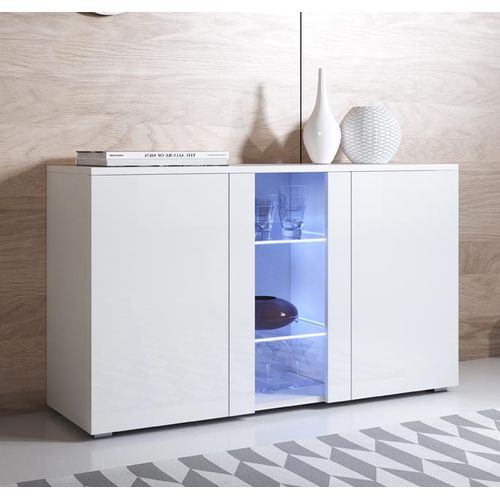 Bahut Buffet Pour Salon Salle à Manger En Blanc Avec LED 120x40x72cm Luke A1