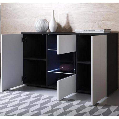 Bahut Buffet Pour Salon Salle à Manger En Noir Et Blanc Avec LED 120x40x72cm Luke A2