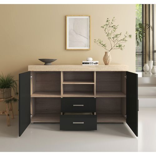 Bahut Buffet Pour Salon Salle à Manger En Sonoma Et Noir 140x40x80cm Roque