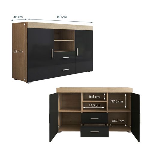 Bahut Buffet Pour Salon Salle à Manger En Sonoma Et Noir 140x40x80cm Roque