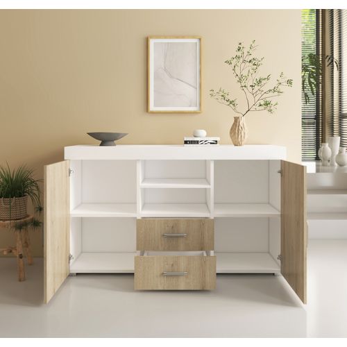 Bahut Buffet Pour Salon Salle à Manger En Blanc Et Sonoma 140x40x80cm Roque