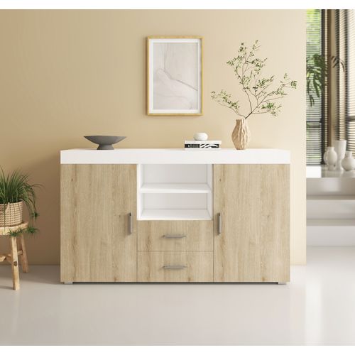 Bahut Buffet Pour Salon Salle à Manger En Blanc Et Sonoma 140x40x80cm Roque