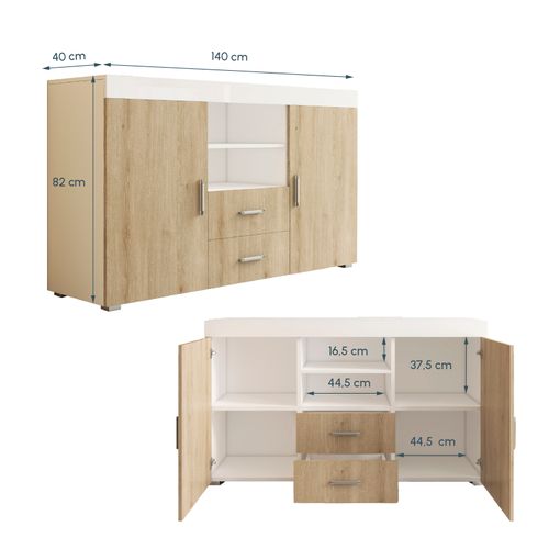 Bahut Buffet Pour Salon Salle à Manger En Blanc Et Sonoma 140x40x80cm Roque