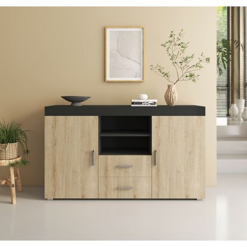 Bahut Buffet Pour Salon Salle à Manger En Noir Et Sonoma 140x40x80cm Roque