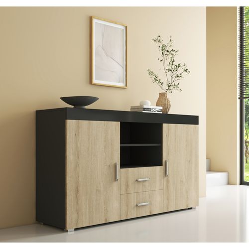 Bahut Buffet Pour Salon Salle à Manger En Noir Et Sonoma 140x40x80cm Roque