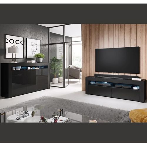Bahut Buffet Pour Salon Salle à Manger En Noir Avec LED 155x37x91,5cm Aker