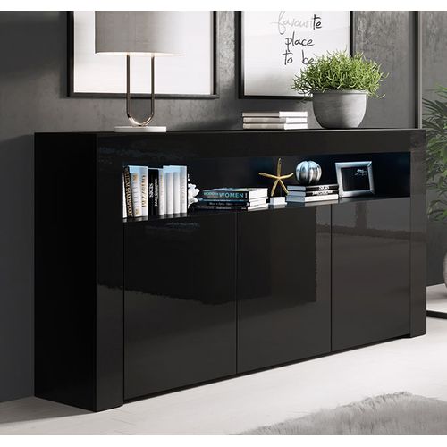 Bahut Buffet Pour Salon Salle à Manger En Noir Avec LED 155x37x91,5cm Aker