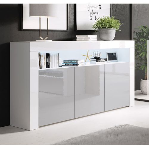 Bahut Buffet Pour Salon Salle à Manger En Blanc Et Gris Avec LED 155x37x91,5cm Aker