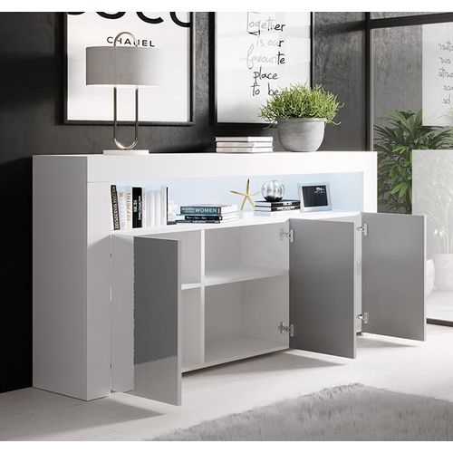 Bahut Buffet Pour Salon Salle à Manger En Blanc Et Gris Avec LED 155x37x91,5cm Aker