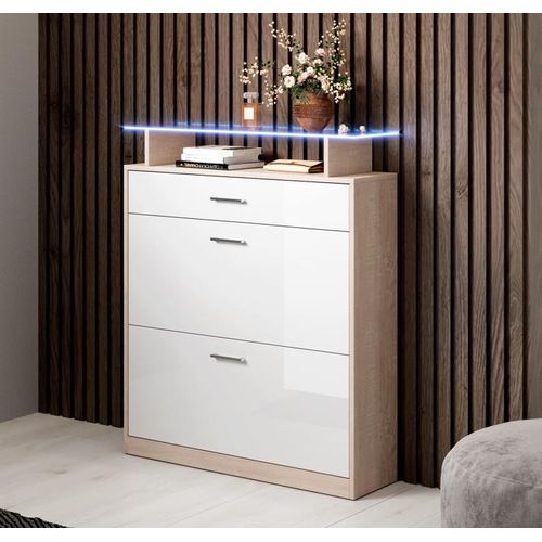 Meuble D’entrée à Chaussures En Blanc Et Sonoma Avec LED 89x24x105cm Paola