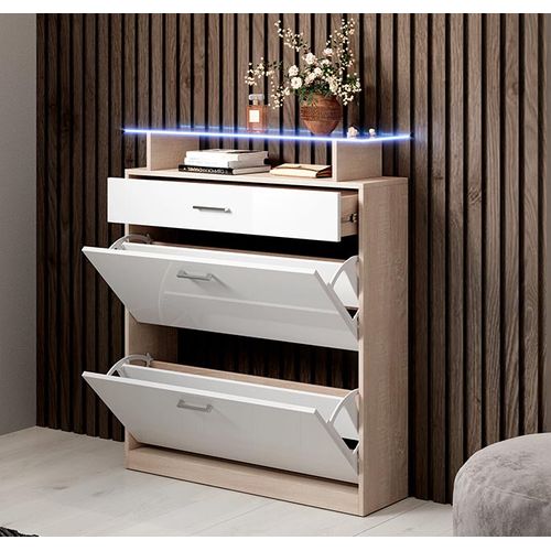 Meuble D’entrée à Chaussures En Blanc Et Sonoma Avec LED 89x24x105cm Paola