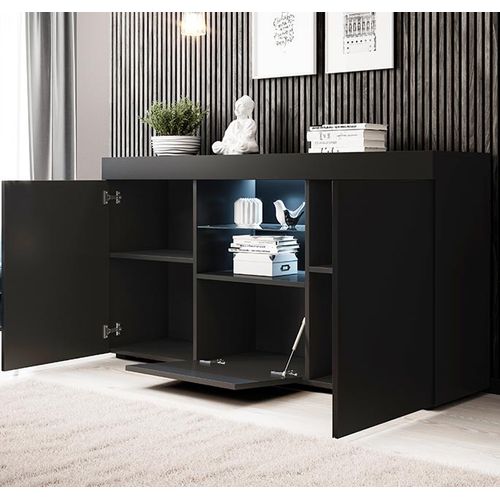 Bahut Buffet Pour Salon Salle à Manger En Noir Avec LED 150x40x80cm Natolia