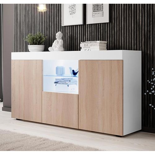 Bahut Buffet Pour Salon Salle à Manger En Blanc Et Sonoma Avec LED 150x40x80cm Natolia