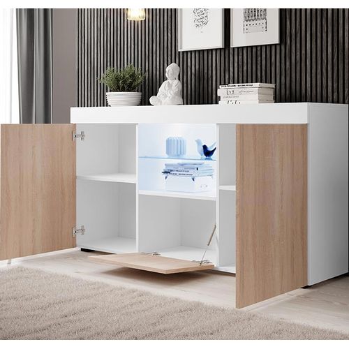 Bahut Buffet Pour Salon Salle à Manger En Blanc Et Sonoma Avec LED 150x40x80cm Natolia