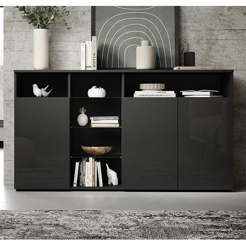 Bahut Buffet Pour Salon Salle à Manger En Noir Avec LED 150x40x82cm Clark L