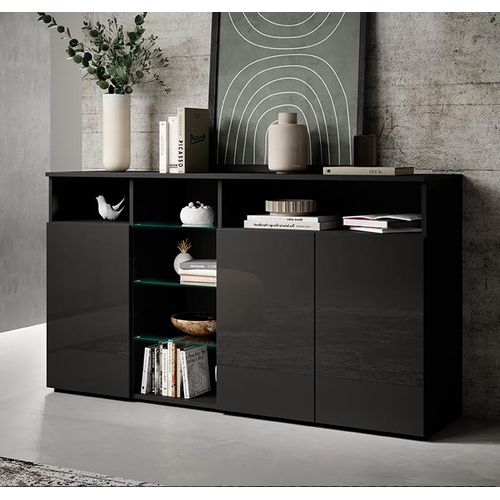 Bahut Buffet Pour Salon Salle à Manger En Noir Avec LED 150x40x82cm Clark L