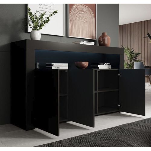 Bahut Buffet Pour Salon Salle à Manger En Noir Avec LED 155x37x91,5cm Aker