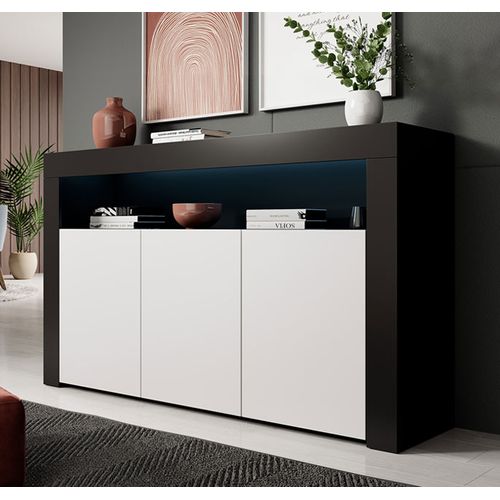 Bahut Buffet Pour Salon Salle à Manger En Noir Et Blanc Avec LED 155x37x91,5cm Aker