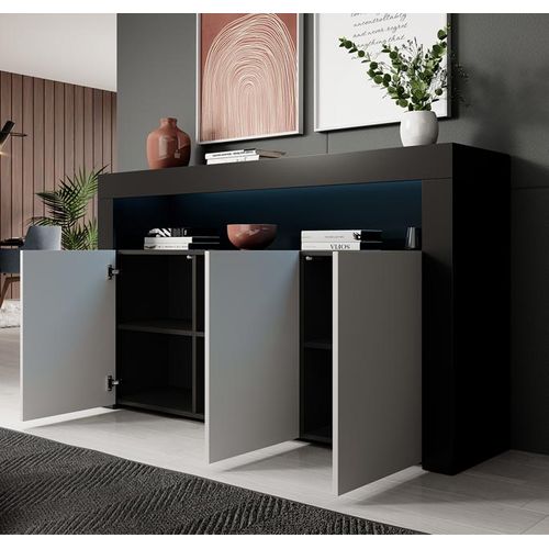 Bahut Buffet Pour Salon Salle à Manger En Noir Et Blanc Avec LED 155x37x91,5cm Aker