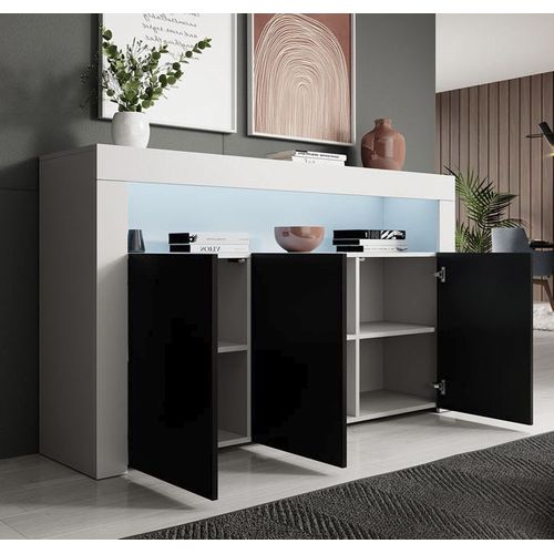 Bahut Buffet Pour Salon Salle à Manger En Blanc Et Noir Avec LED 155x37x91,5cm Aker