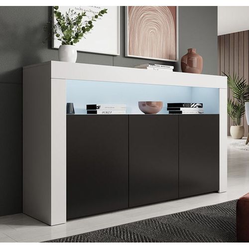 Bahut Buffet Pour Salon Salle à Manger En Blanc Et Noir Avec LED 155x37x91,5cm Aker