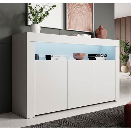 Bahut Buffet Pour Salon Salle à Manger En Blanc Avec LED 155x37x91,5cm Aker