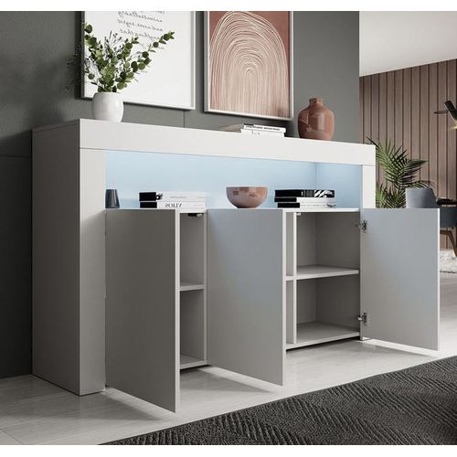 Bahut Buffet Pour Salon Salle à Manger En Blanc Avec LED 155x37x91,5cm Aker