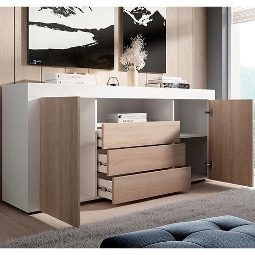 Bahut Buffet Pour Salon Salle à Manger En Blanc Et Sonoma 160x35x72cm Yanis