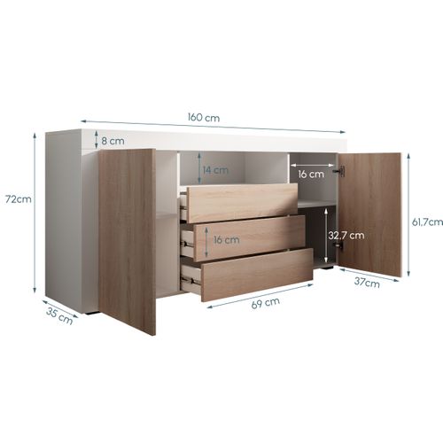 Bahut Buffet Pour Salon Salle à Manger En Blanc Et Sonoma 160x35x72cm Yanis