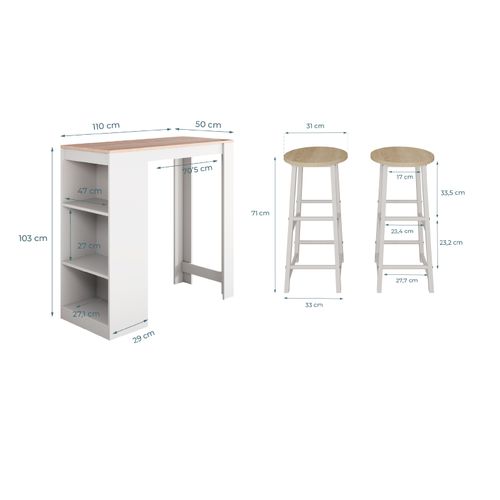 Table Haute Avec 2 Tabourets En Blanc Et Sonoma 110x50x103cm Kyra