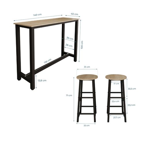 Table Haute Avec 2 Tabourets En Noir Et Sonoma 140x40x100cm Ani