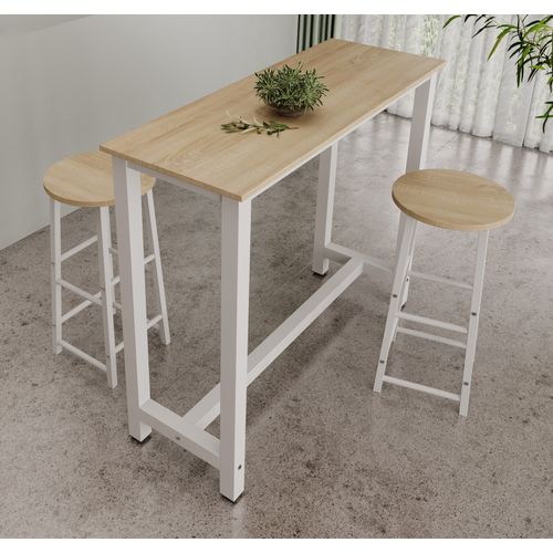 Table Haute Avec 2 Tabourets En Blanc Et Sonoma 120x40x100cm Ani