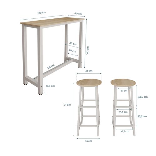 Table Haute Avec 2 Tabourets En Blanc Et Sonoma 120x40x100cm Ani