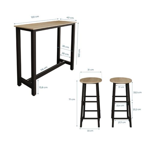 Table Haute Avec 2 Tabourets En Noir Et Sonoma 120x40x100cm Ani