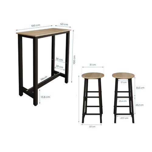 Table Haute Avec 2 Tabourets En Noir Et Sonoma 100x40x100cm Ani