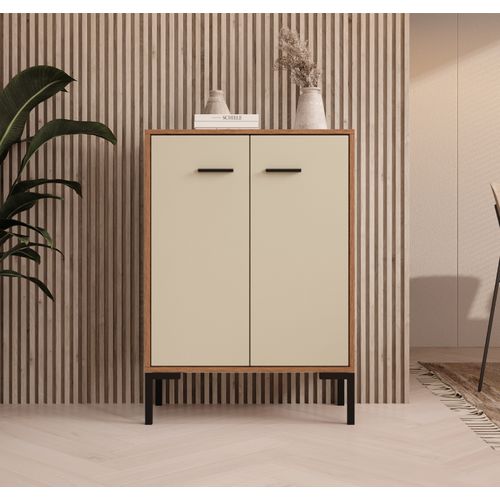 Bahut Buffet Bas Pour Salon Salle à Manger En Noyer Ambar Et Beige 60x30x84cm Lander L15