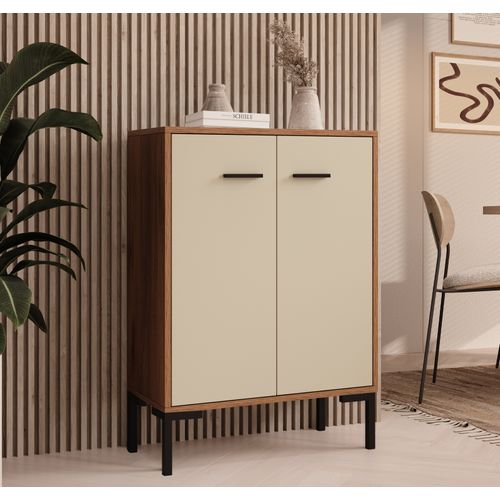 Bahut Buffet Bas Pour Salon Salle à Manger En Noyer Ambar Et Beige 60x30x84cm Lander L15