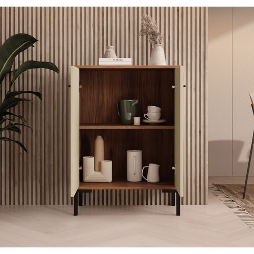 Bahut Buffet Bas Pour Salon Salle à Manger En Noyer Ambar Et Beige 60x30x84cm Lander L15