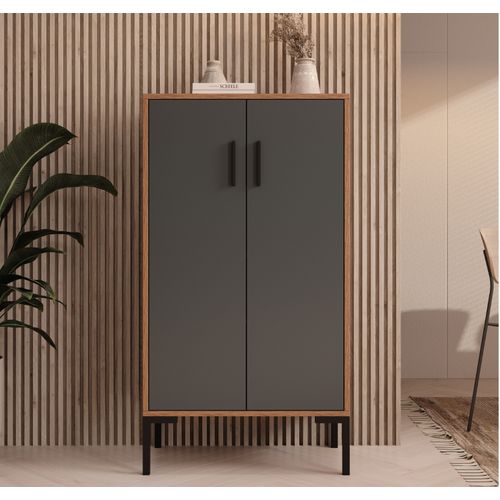 Bahut Buffet Bas En Noyer Ambar Et Gris 60x35x110,5cm Lander L17