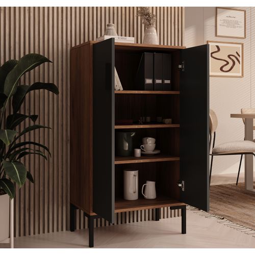 Bahut Buffet Bas En Noyer Ambar Et Gris 60x35x110,5cm Lander L17