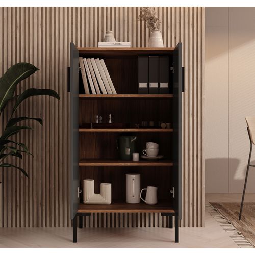 Bahut Buffet Bas En Noyer Ambar Et Gris 60x35x110,5cm Lander L17