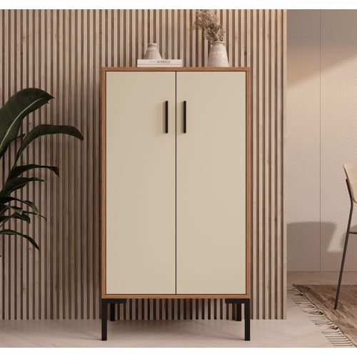 Bahut Buffet Bas En Noyer Ambar Et Beige 60x35x110,5cm Lander L17