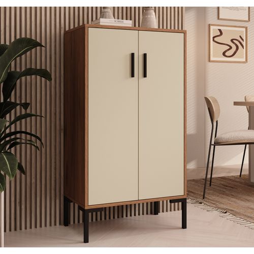 Bahut Buffet Bas En Noyer Ambar Et Beige 60x35x110,5cm Lander L17