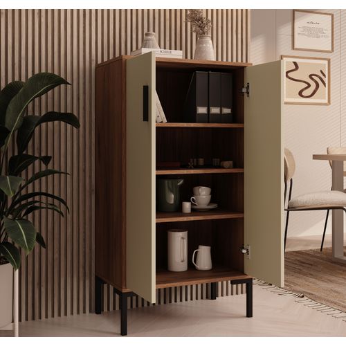 Bahut Buffet Bas En Noyer Ambar Et Beige 60x35x110,5cm Lander L17