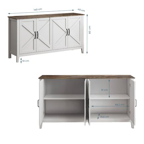 Buffet Rustic 140x40x80cm Olivia - Blanc Et Chêne